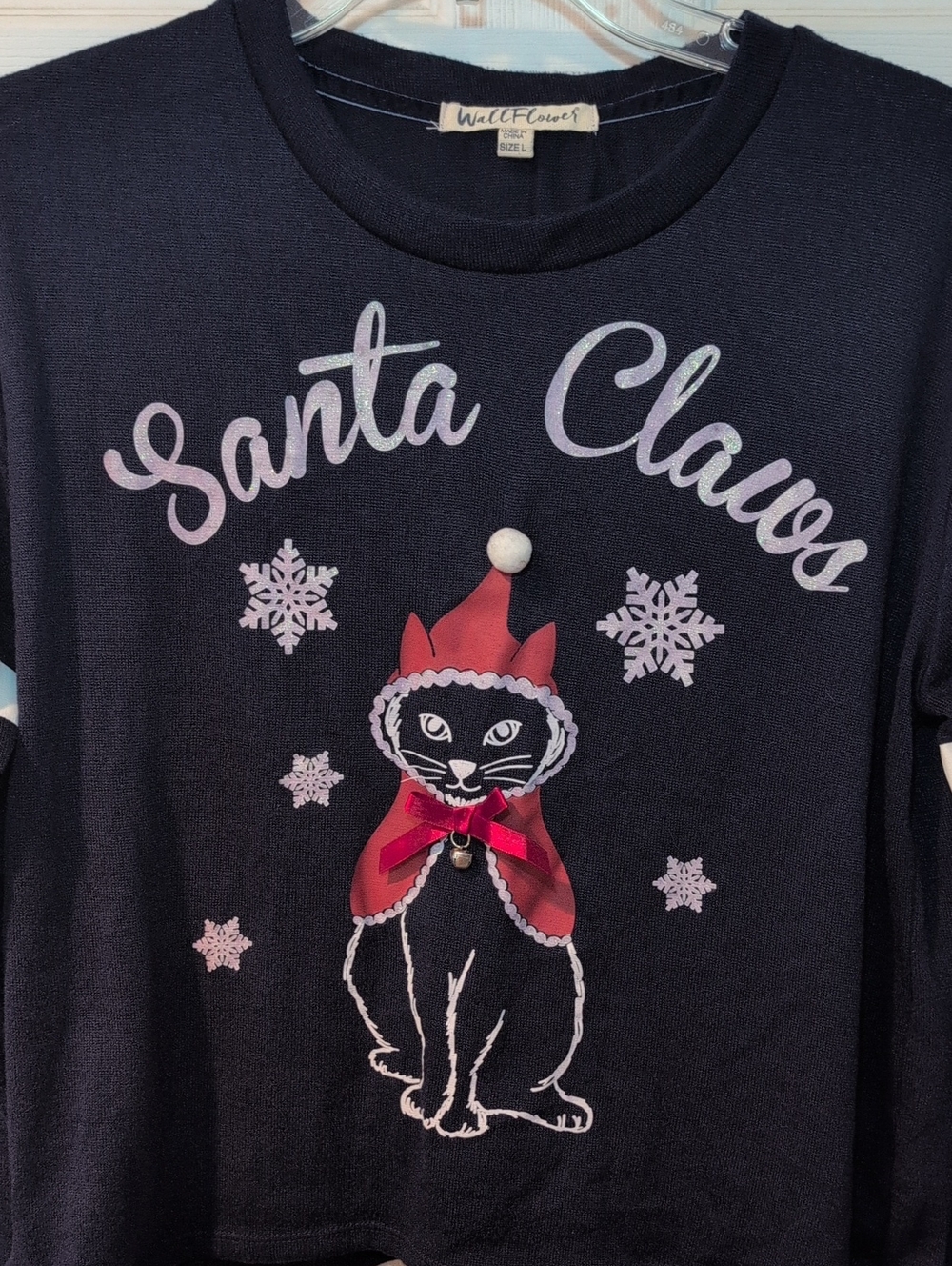WallFlower Navy Blue 'Santa Claws' Cat Holiday Sweatshirt with Red Accents